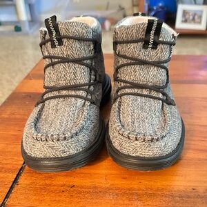 Hey Dude boots, grey, with thick cloth uppers. Size 7. True to size.